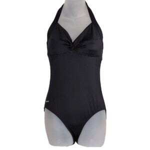 Speedo One Piece Swimsuit Womens Size 8 Black Retro Halter Vneck Solid Sporty